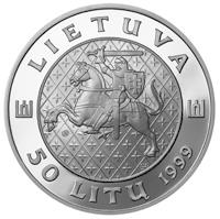 obverse of 50 Litų - The Rulers of Lithuania - Kęstutis, the Grand Duke of Lithuania (1999) coin with KM# 118 from Lithuania. Inscription: LIETUVA 50 LITŲ 1999