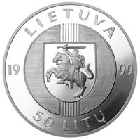 obverse of 50 Litų - 10th Anniversary of the Baltic Way (1999) coin with KM# 123 from Lithuania. Inscription: LIETUVA 50 LITŲ 1999