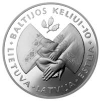 reverse of 50 Litų - 10th Anniversary of the Baltic Way (1999) coin with KM# 123 from Lithuania. Inscription: BALTIJOS KELIUI — 10 LIETUVA + LATVIJA + ESTIJA