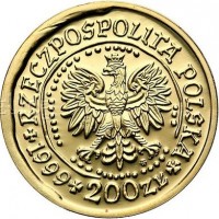 Poland coin 200 Złotych - White-Tailed Eagle - Gold Bullion (1995 - 2014) obverse obverse of 200 Złotych - White-Tailed Eagle - Gold Bullion (1995 - 2014) coin with Y# 294 from Poland. Inscription: RZECZPOSPOLITA POLSKA 200 ZŁ