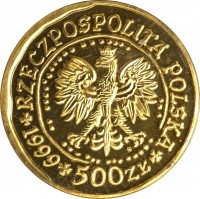 Poland coin 500 Złotych - White-Railed Eagle - Gold Bullion (2002 - 2008) obverse obverse of 500 Złotych - White-Railed Eagle - Gold Bullion (2002 - 2008) coin with Y# 295 from Poland. Inscription: RZECZPOSPOLITA POLSKA 1999 500 ZL
