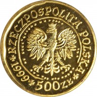 obverse of 500 Złotych - White-Railed Eagle - Gold Bullion (2002 - 2008) coin with Y# 295 from Poland. Inscription: RZECZPOSPOLITA POLSKA 1999 500 ZL