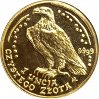 reverse of 500 Złotych - White-Railed Eagle - Gold Bullion (2002 - 2008) coin with Y# 295 from Poland. Inscription: 9999 1 UNCJA CZYSTEGO ZLOTA