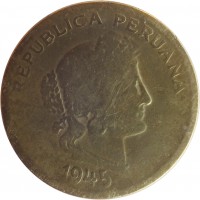 obverse of 20 Centavos (1942 - 1951) coin with KM# 221 from Peru. Inscription: REPUBLICA PERUANA 1945