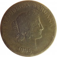 Peru coin 20 Centavos (1942 - 1951) obverse obverse of 20 Centavos (1942 - 1951) coin with KM# 221 from Peru. Inscription: REPUBLICA PERUANA 1945