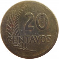 Peru coin 20 Centavos (1942 - 1951) reverse reverse of 20 Centavos (1942 - 1951) coin with KM# 221 from Peru. Inscription: 20 CENTAVOS