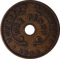 Southern Rhodesia coin 1 Penny - George VI (1942 - 1947) reverse reverse of 1 Penny - George VI (1942 - 1947) coin with KM# 8a from Southern Rhodesia. Inscription: SOUTHERN RHODESIA ONE PENNY 1944
