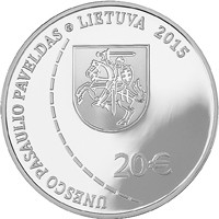 obverse of 20 Euro - Struve Geodetic Arc (2015) coin with KM# 217 from Lithuania. Inscription: UNESCO PASAULIO PAVELDAS LIETUVA 2015 €20