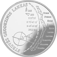 Lithuania coin 20 Euro - Struve Geodetic Arc (2015) reverse reverse of 20 Euro - Struve Geodetic Arc (2015) coin with KM# 217 from Lithuania. Inscription: STRUVĖS GEODEZINIS LANKAS