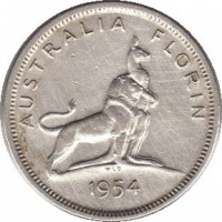 Australia coin 1 Florin - Elizabeth II - Royal Visit (1954) reverse reverse of 1 Florin - Elizabeth II - Royal Visit (1954) coin with KM# 55 from Australia. Inscription: AUSTRALIA FLORIN 1954