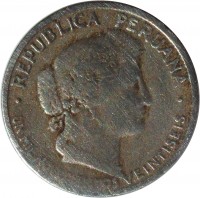 obverse of 10 Centavos (1918 - 1941) coin with KM# 214 from Peru. Inscription: REPUBLICA PERUANA UN MIL NOVECIENTOS VEINTISEIS