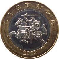 obverse of 2 Litai (1998 - 2014) coin with KM# 112 from Lithuania. Inscription: LIETUVA 2008