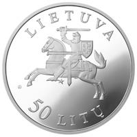 obverse of 50 Litų - 10th Anniversary of the reestablishment of Independence (2000) coin with KM# 122 from Lithuania. Inscription: LIETUVA 50 LITŲ