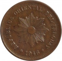 Uruguay coin 5 Centésimos (1944 - 1951) obverse obverse of 5 Centésimos (1944 - 1951) coin with KM# 21a from Uruguay. Inscription: REPUBLICA ORIENTAL DEL URUGUAY 1946