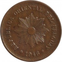 obverse of 5 Centésimos (1944 - 1951) coin with KM# 21a from Uruguay. Inscription: REPUBLICA ORIENTAL DEL URUGUAY 1946