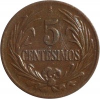 Uruguay coin 5 Centésimos (1944 - 1951) reverse reverse of 5 Centésimos (1944 - 1951) coin with KM# 21a from Uruguay. Inscription: 5 CENTÉSIMOS