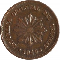 obverse of 2 Centésimos (1943 - 1951) coin with KM# 20a from Uruguay. Inscription: REPÚBLICA ORIENTAL DEL URUGUAY 1945