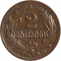 reverse of 2 Centésimos (1943 - 1951) coin with KM# 20a from Uruguay. Inscription: 2 CENTÉSIMOS