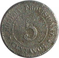 Peru coin 5 Centavos (1879 - 1880) reverse reverse of 5 Centavos (1879 - 1880) coin with KM# 197 from Peru. Inscription: MONEDA PROVISIONAL 5 CENTAVOS