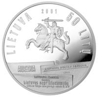 obverse of 50 Litų - 150th birth Anniversary of Jonas Basanavičius (1851-1927) (2001) coin with KM# 130 from Lithuania. Inscription: LIETUVA 2001 50 LITŲ