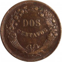 reverse of 2 Centavos (1918 - 1949) coin with KM# 212 from Peru. Inscription: DOS CENTAVOS