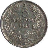 reverse of 5 Centavos (1920 - 1938) coin with KM# 165 from Chile. Inscription: So 5 CENTAVOS 1937