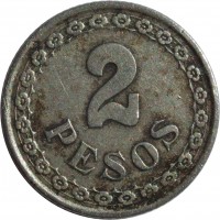 reverse of 2 Pesos (1925) coin with KM# 14 from Paraguay. Inscription: 2 PESOS