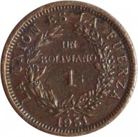 reverse of 1 Boliviano (1951) coin with KM# 184 from Bolivia. Inscription: LA UNION ES LA FUERZA UN BOLIVIANO 1 K N 1951