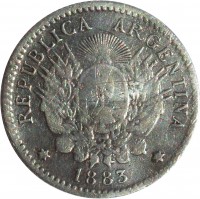 obverse of 10 Centavos (1881 - 1883) coin with KM# 26 from Argentina. Inscription: REPUBLICA ARGENTINA * 1883 *