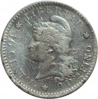 reverse of 10 Centavos (1881 - 1883) coin with KM# 26 from Argentina. Inscription: * LIBERTAD * 10 CENTos * 9 Dos FINO OUDINE