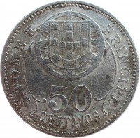 reverse of 50 Centavos (1928 - 1929) coin with KM# 1 from São Tomé and Príncipe. Inscription: S.TOMÉ E PRINCIPE 50 CENTAVOS