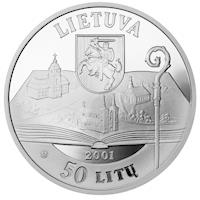 obverse of 50 Litų - 200th birth Anniversary of Motiejus Valančius (1801-1875) (2001) coin with KM# 129 from Lithuania. Inscription: LIETUVA 2001 50 LITŲ