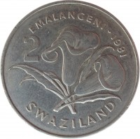 Swaziland coin 2 Emalangeni - Sobhuza II - Diamond Jubilee of King Sobhuza II (1981) reverse reverse of 2 Emalangeni - Sobhuza II - Diamond Jubilee of King Sobhuza II (1981) coin with KM# 33a from Swaziland. Inscription: 2 EMALANGENI - 1981 SWAZILAND