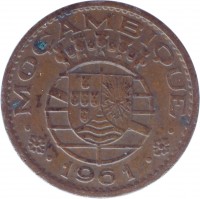 obverse of 20 Centavos (1961) coin with KM# 85 from Mozambique. Inscription: · MOÇAMBIQUE · · 1961 ·