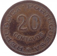 reverse of 20 Centavos (1961) coin with KM# 85 from Mozambique. Inscription: REPÚBLICA · PORTUGUESA 20 CENTAVOS