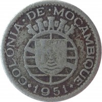 obverse of 50 Centavos (1950 - 1951) coin with KM# 76 from Mozambique. Inscription: COLONIA · DE · MOÇAMBIQUE · 1951 ·