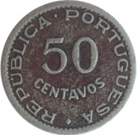 reverse of 50 Centavos (1950 - 1951) coin with KM# 76 from Mozambique. Inscription: 50 CENTAVOS