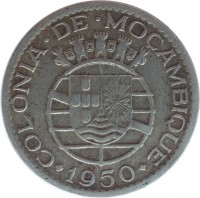 Mozambique coin 1 Escudo (1950 - 1951) obverse obverse of 1 Escudo (1950 - 1951) coin with KM# 77 from Mozambique. Inscription: COLONIA · DE · MOÇAMBIQUE 1950