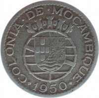 obverse of 1 Escudo (1950 - 1951) coin with KM# 77 from Mozambique. Inscription: COLONIA · DE · MOÇAMBIQUE 1950