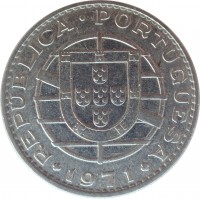 obverse of 20 Escudos (1971 - 1972) coin with KM# 87 from Mozambique. Inscription: REPÚBLICA · PORTUGUESA 1971