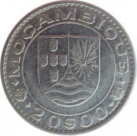 reverse of 20 Escudos (1971 - 1972) coin with KM# 87 from Mozambique. Inscription: MOÇAMBIQUE 20$00 M. NORTE