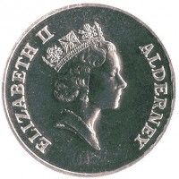 Alderney coin 2 Pounds - Elizabeth II - Total Eclipse of the Sun (1999) obverse obverse of 2 Pounds - Elizabeth II - Total Eclipse of the Sun (1999) coin with KM# 18 from Alderney. Inscription: ELIZABETH II ALDERNEY