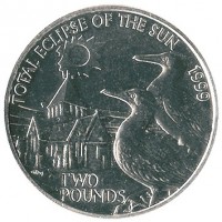 Alderney coin 2 Pounds - Elizabeth II - Total Eclipse of the Sun (1999) reverse reverse of 2 Pounds - Elizabeth II - Total Eclipse of the Sun (1999) coin with KM# 18 from Alderney. Inscription: TOTAL ECLIPSE OF THE SUN 1999 TWO POUNDS