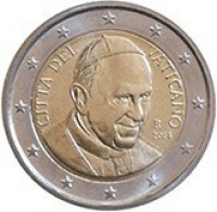 obverse of 2 Euro - Francis (2014 - 2015) coin with KM# 462 from Vatican City. Inscription: CITTA' DEL VATICANO R 2014 MCC INC. P.DANIELE