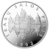 reverse of 50 Litų - Historical and Architectural Monuments of Lithuania - Trakai Island Castle (2002) coin with KM# 133 from Lithuania. Inscription: TRAKŲ SALOS PILIS 2002