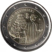 obverse of 2 Euro - 750th anniversary of the birth of Dante Alighieri 1265-2015 (2015) coin with KM# 381 from Italy. Inscription: DANTE ALIGHIERI IR R SP 1265 2015