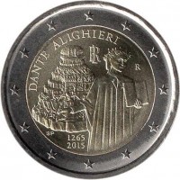 Italy coin 2 Euro - 750th anniversary of the birth of Dante Alighieri 1265-2015 (2015) obverse obverse of 2 Euro - 750th anniversary of the birth of Dante Alighieri 1265-2015 (2015) coin with KM# 381 from Italy. Inscription: DANTE ALIGHIERI IR R SP 1265 2015
