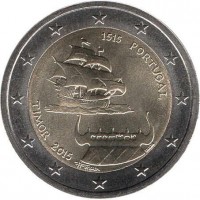 obverse of 2 Euro - 500 Years Since the First Contact with Timor (2015) coin with KM# 849 from Portugal. Inscription: 1515 PORTUGAL TIMOR 2015