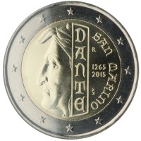 obverse of 2 Euro - The 750th anniversary of the birth of Dante Alighieri (2015) coin from San Marino. Inscription: SAN MARINO DANTE R 1265 2015 AM