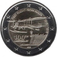 Malta coin 2 Euro - 100th Anniversary of First flight from Malta (2015) obverse obverse of 2 Euro - 100th Anniversary of First flight from Malta (2015) coin with KM# 168 from Malta. Inscription: FIRST FLIGHT FROM MALTA 1915 - 2015 100TH ANNIVERSARY NGB